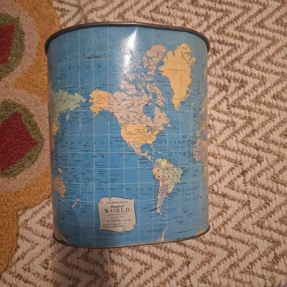 Vintage Hammond's World Map Waste Basket Garbage Can Tin Litho Trash Can 50s 60s - Picture 14 of 14